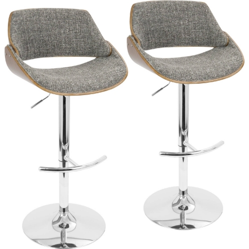 Fabrizzi Adj Swivel Bar Stool in Chrome, Walnut & Grey Fabric (Set of 2)